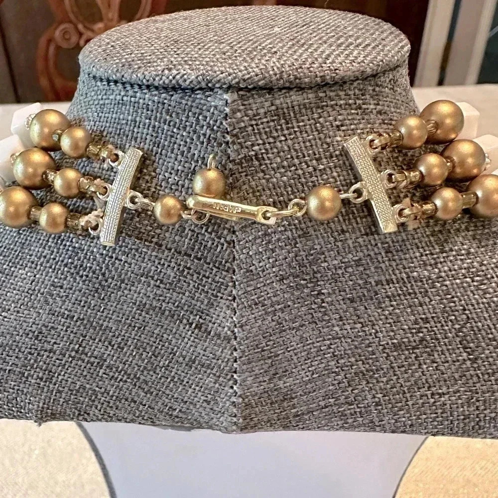 Vintage Signed Japan Gold & White Beaded Statement Necklace Multi-Strand Layered - Picture 5 of 11